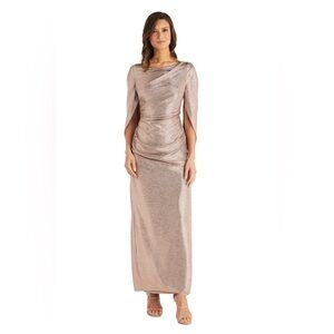 R&M Richard’s Rose Gold Sequin Drape Sleeve Gown Maxi Dress 6 Formal